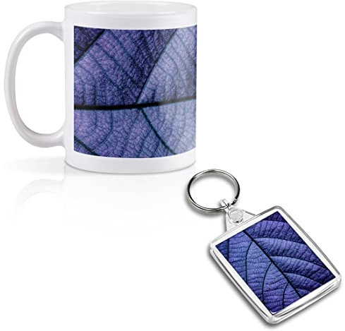 1 x 11oz (284ml) White Ceramic Mug Cup & 1 x Square Acrylic Keyring Set - Macro Shot Purple Leaf Nature Design for Coffee Tea Drinks Kitchen Birthday Office #16674