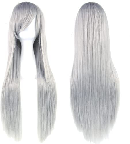 IMISSU 80 cm langes glattes Naturhaar Cosplay Perücken mit Pony Bunt Halloween Kostüm Party Perücke Haarverlängerungen (Grau)