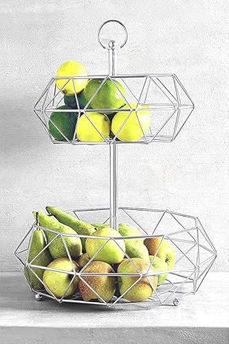 Fruit Bowl Silver with 2 Tiers Baskets Veg & Fruits storage Rack Fruit Basket Large for Kitchen Counter Top Vegetables & Fruit Rack
