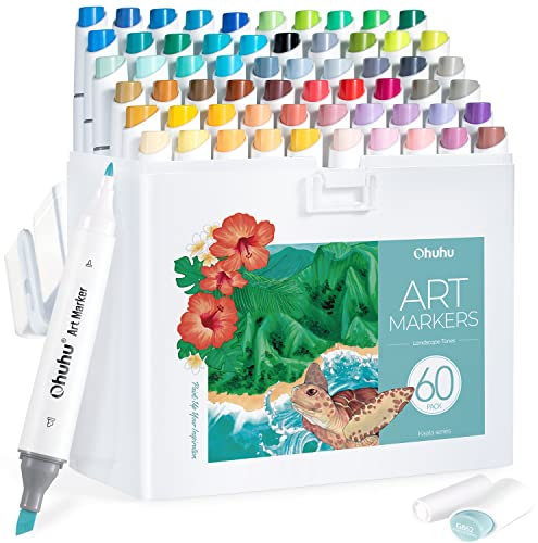 Ohuhu Alkohol Marker, 60 Farben Schlank Breit und Fein Doppelte Spitzen Alkohol Marker für Künstler Erwachsene Färbung Zeichnung Landschaft Design Marker mit Tinte Refillable - Kaala-Serie
