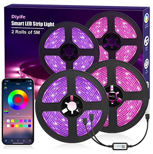Diyife LED Strip 10M(2x5M), [App Smart Steuerung] RGB 300 LEDs Streifen USB-Schnittstelle Lichterkette Band, Musik/Sprachsynchronisation Farbe Ändern DIY Fernseher, Sofa, Vorhang