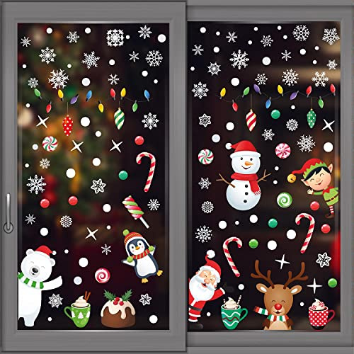 WALPLUS 199 PCS Snow Window Stickers Reusable Xmas Decorations for Windows Double Sided Snowflake Window Stickers Removable Christmas Window Stickers Snowy Xmas Window Decorations