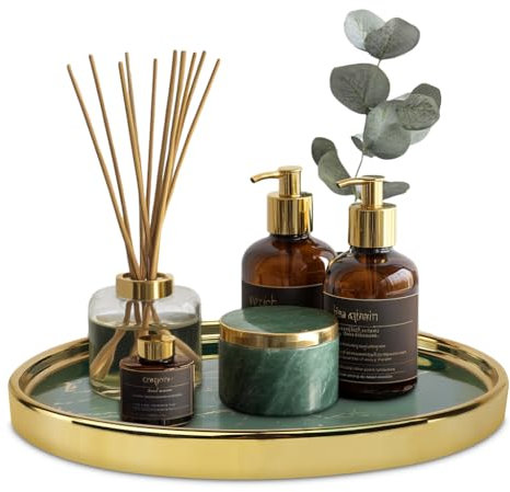 Makeup Perfume Tray Round Bathroom Vanity Tray Decorative Dresser Tray for Bathroom Bedroom Countertop Organizer Tray for Cosmetics, Marble Green