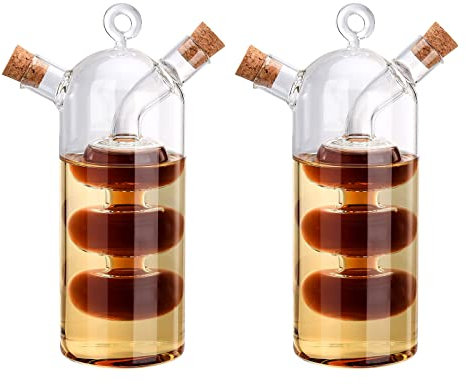 JYCRA 2-in-1 Öl- und Essigspender-Set, 2 Stück, transparent, doppellagig, Glas, Olivenölflasche, doppelter Ausgießer, Flasche für Küche, C