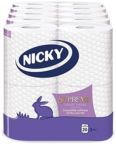 Nicky Supreme Toilet Tissue – 20 Rolls Per Pack, 3 Ply Roll, 160 Sheets Per Roll, 3200 Sheets Per Pack, Soft Sheets, Extra Quilted, Easy Open Pack