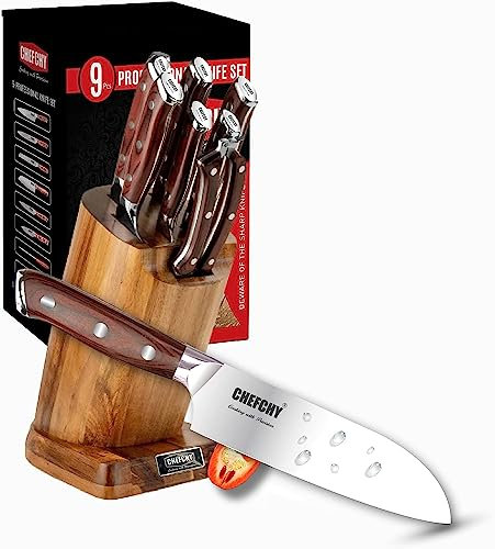 CHEFCHY 9-Piece Knife Set – German 1.4116 Steel Blades, G10 Pakkawood Handles, Acacia Wood Knife Block Set, Includes Finger Guard & Peeler, Gift Boxed, Professional Kitchen Set – Brown