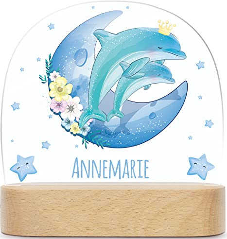 GRAVURZEILE Personalisiertes Kinder Nachtlicht - Mond Design - LED Nachttischlampe für das Kinderzimmer - Personalisierte Geschenke für Kinder & Babys - Geschenk zur Geburt - Babygeschenk - Delfin