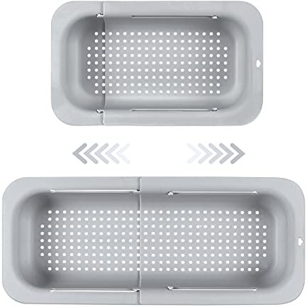 Colador de fregadero expandible - Material PP apto para alimentos - Orificios de drenaje eficientes - Soporte de secado rápido para vajilla - Fácil de limpiar y duradero. (Gris claro)