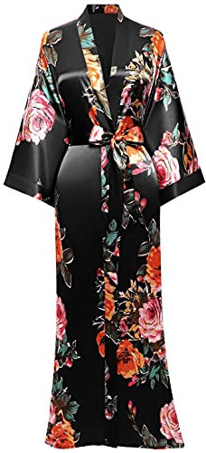 BABEYOND Vestaglia lunga da donna/ragazza in raso, kimono/accappatoio estivo con motivo floreale stampato, per pigiama party, Taglia unica