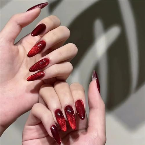CRAZYNEKOS Shiny Red Cat's Eye Fake Nail Short Almond Press on Nails Tips Nail Art Decoration for Women and Girls Manicure 24pcs