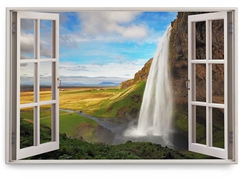 Paul Sinus Wandbild 120x80cm Fensterbild Wasserfall Island Natur Landschaft Grün blauer Himmel