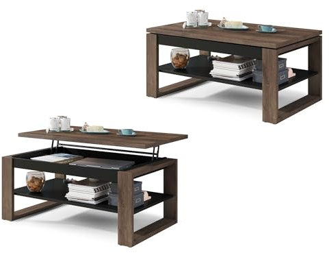 All4All Couchtisch Nico - Kaffeetisch - Wohnzimmertisch - Laptoptisch - Sofatisch - ausziehbar - ausklappbar - 100x60cm - 05 - Braune Eiche + Schwarz