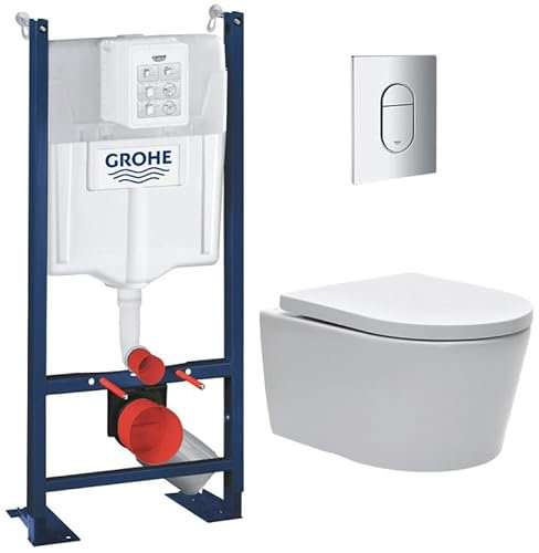 WC Suspendu Pack Complet Accessoires - Pack WC Grohe Bâti autoportant Grohe Rapid SL, WC sans bride SAT, Abattant softclose, Plaque chrome, Abattant WC,Cuvette Toilette, Chasse d'eau Wc, Mécanisme