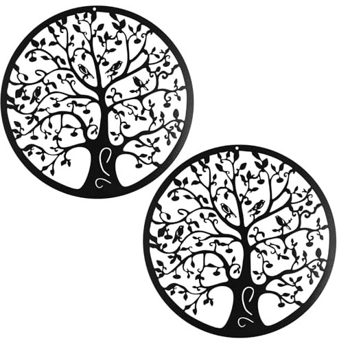 MUKLEI 2 PCS 28 x 28cm Black Metal Tree of Life Wall Art decor, Tree of Life Wall Art Garden Ornament with birds and fruit for Indoor Outdoor Decoration