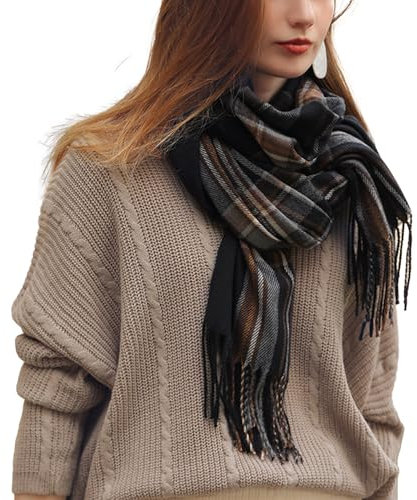 Rayson Schal für Damen Winter Warm Cape Wendbar Kariert Verdickt Mittellange Elegante Stola mit Quasten(Schwarz,Einheitsgröße)