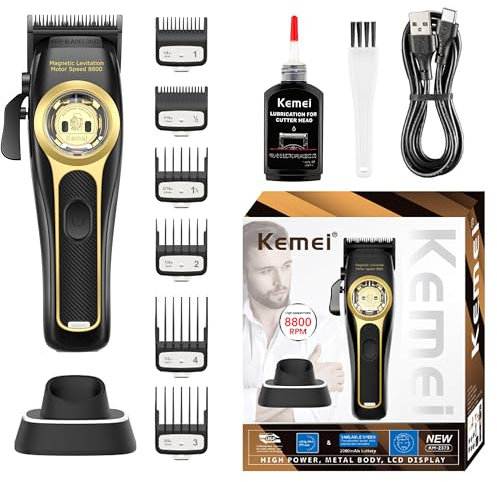 KEMEI Cortapelos profesional para hombres, cortadora de pelo inalámbrica con motor de levitación magnética de 8800 rpm, kit de corte de pelo ajustable de con base de carga