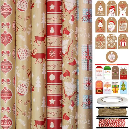 FullJoyHut 6 Rouleaux de Papier Cadeau de Noël 43cm x 3M Chacun - Motif Joyeux Noël Rouge, Papier Kraft de Noël avec Étiquette Ficelle et Adhésif pour Emballage Cadeaux de Noël