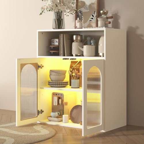 Sweiko Credenza con porta in vetro e luce LED, armadio in legno separato per cucina e soggiorno, bianco