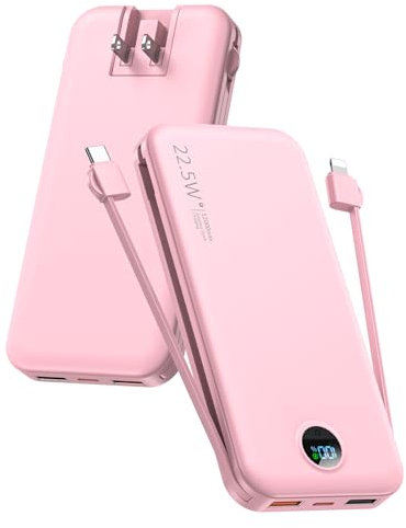 citicr Portable Charger Power Bank, 12000mAh 22.5W USB C Fast Charging with Built-in Cables and Wall Plug, Travel Essential Battery Pack with LED Display for iPhone, iPad, Samsung Pink