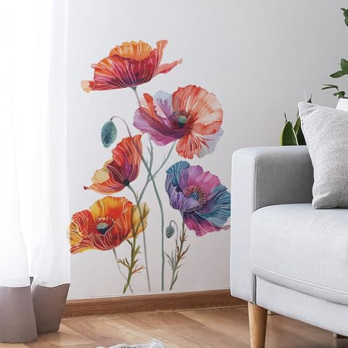 Runtoo Mohnblumen-Wandaufkleber, Boho-Aquarell-Blumen-Wandaufkleber für Badezimmer, Schlafzimmer, Wohnzimmer, Kinderzimmer, Büro, Heimdekoration