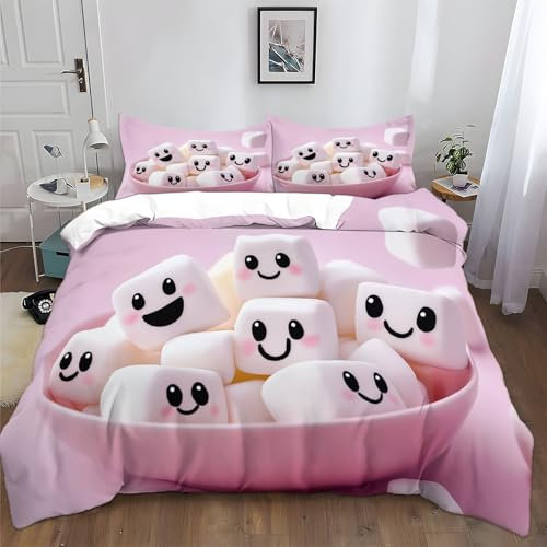 XCQHZYQ Bettwäsche Set 3D 135x200 cm Cartoon Rosa Marshmallow Bedruckte Bettbezug Bettwäsche Set Einfache Pflege 3-Teiliges Polyester mit Reißverschluss 1 Bettbezug und 2 Kissenbezug