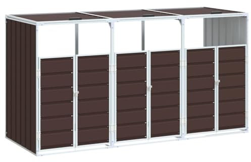 vidaXL Wheelie Bin Storage for Triple Bins - Brown Steel Garden Trash Cover with Ventilation and Efficient Lid Mechanism - Expandable Design 216x81x115cm