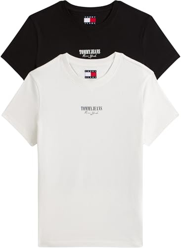 Tommy Jeans Donna T-Shirt Maniche Corte Confezione da 2 Essential Logo Tee Scollo Rotondo, Bianco (Ecru/Black), S