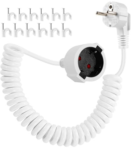 Schuko Verlängerungskabel Spiral 2M, Schutzkontakt Spiralverlängerung dehnbar von 0.75m auf 2m, 3680W Spiralkabel Verlängerung Spiralleitung Kabelstecker Kabel mit Schuko Stecker & Kupplung, Weiß
