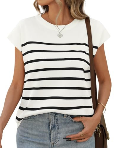 UMIPUBO Magliette Donna Estivi Manica Corta T Shirts a Righe Girocollo Classica Maglie Elegante Camicetta Top Basic Casual Tee Shirt Elasticizzato Tees Blusa Lavoro (Bianco, M)