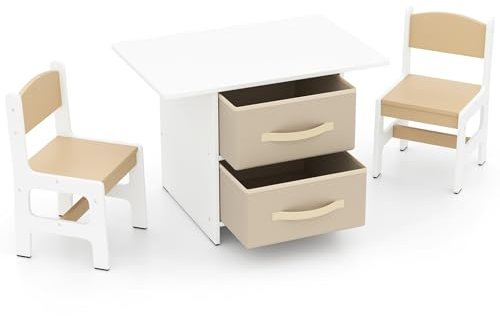 LIFEZEAL Kindertisch mit 2 Stühlen, Kindertischgruppe Holz mit Stauraum, Multifunktionaler Aktivitätstisch Kindersitzgruppe für Kinder ab 4 Jahren (Beige)
