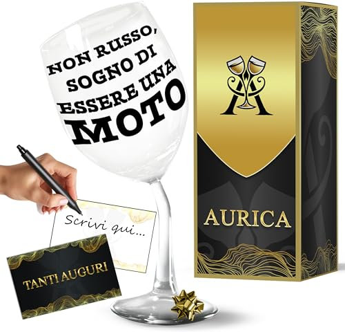 Aurìca Calice Vino Personalizzato NON RUSSO, SOGNO DI ESSERE UNA MOTO - Bicchiere Piegato Da 440 Ml Per Sognatori... A Ruote Libere! Un Regalo Divertente Per Chi Ama Ridere E Bere Un Buon Bicchiere!