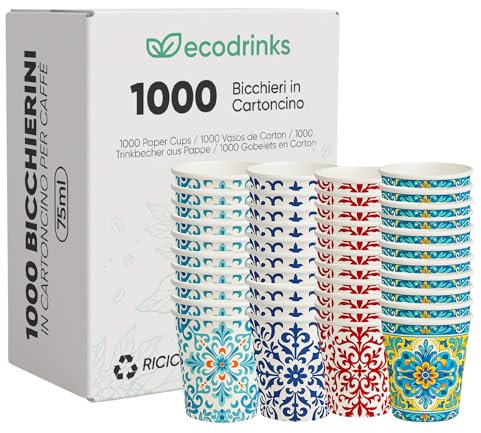 ecodrinks - 1000 Bicchieri Caffe Carta maiolica Da 75ml - Set Bicchierini Monouso per Bevande Calde/Fredde - Biodegradabili, Eco-friendly e Made in Italy, Maiolica