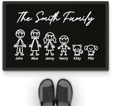 Personal Chic Personalised Door Mat - Black White The Family - Personalised Rug, personalised mats, welcome mat, custom door mat (8 Members)