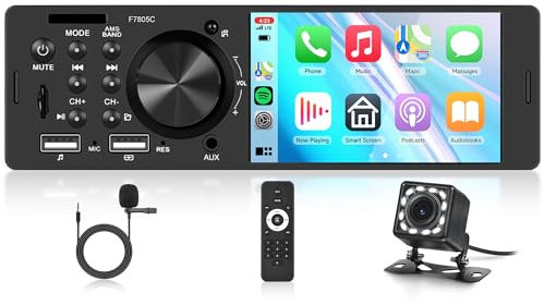 Single Din Carplay Car Radio Android Auto 4 Inch 1 Din Touchscreen Car Stereo Support Mirrorlink Bluetooth 5.2 FM/RDS Radio Fast Charge USB/TF Card/Aux Ports EQ SWC Reverse Camera