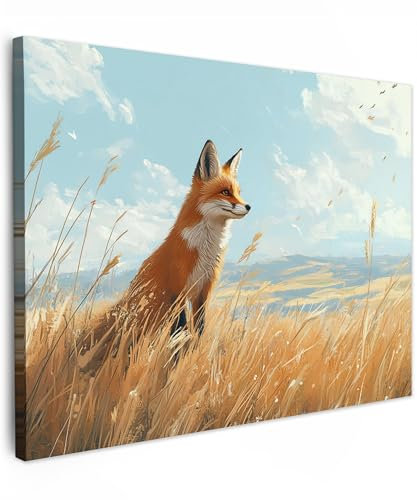 MuchoWow© Leinwandbild 80x60 cm Dekoration Wohnzimmer Bilder Pictures Wall Decoration Living Room Wohnungs Deko Moderne Bild Fuchs - Gras - Wolken - Orange
