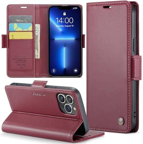 Rerzoiro Handyhülle für iPhone 13 Pro Hülle, Premium PU Lederhülle Klappbar Flip Case [RFID Blocker] Tasche Magnet Kartenfach Klapphülle Schutzhülle für iPhone 13 Pro, Rot