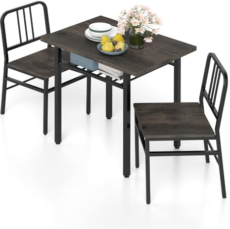 GiantexUK 3 Piece Dining Table Set, Metal Frame Kitchen Table and Chairs with Storage Rack & Adjustable Foot Pads, Space-Saving Breakfast Furniture Set for Dining Room Apartment (Gray + Black)