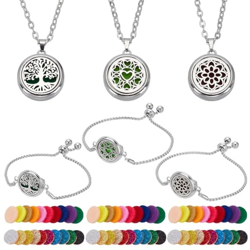 AHANDMAKER 6 Diffusor Schmuck Sets mit 60 Parfümpads | Verstellbares Edelstahl Aromatherapie Medaillon Für Ätherische Öle Tolles Geschenk Für Frauen Und Mütter