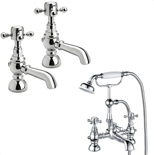 Traditional Crosshead Basin Pillar Taps and Bath Shower Mixer with Kit Set - Chrome