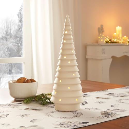 FRANK FLECHTWAREN LED-Tannenbaum Modern, Porzellan, cremeweiß, warmweiße LED, batteriebetrieben, An-/Aus-Schalter, Kunststoff Höhe 31 cm, inkl. Batterien, nur für den Innenbereich geeignet, Modern