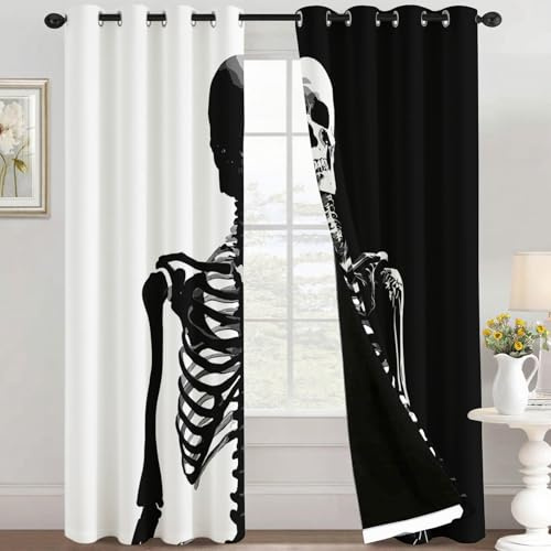 Vorhang Schwarz Weiß Skelett Blickdicht, Vorhänge Totenkopf, Fenster Gardinen Schlafzimmer Wohnzimmer, Verdunklungsvorhänge mit ösen, Thermovorhang, 2er Set Curtains, H 160 x B 140 cm - U353