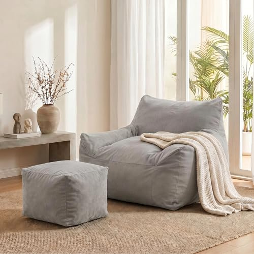 Pamapic Sitzsack XXL, Sitzsack Erwachsene Wasserfestes für Indoor & Outdoor, Sitzsack Sessel mit Hocker, Sitzsack mit Füllung & Seitentaschen, Sitzsäcke für Wohnzimmer, Spielzimmer,Polyester,Hellgrau