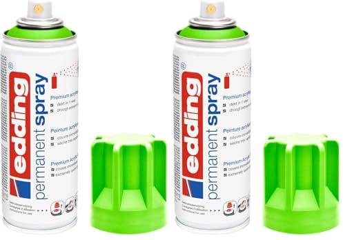 Edding Spray permanent vert fluo mat 5200 - Peinture acrylique 200 ml - Pour verre, métal, bois, céramique, plastique, toile - Aérosol (Lot de 2)