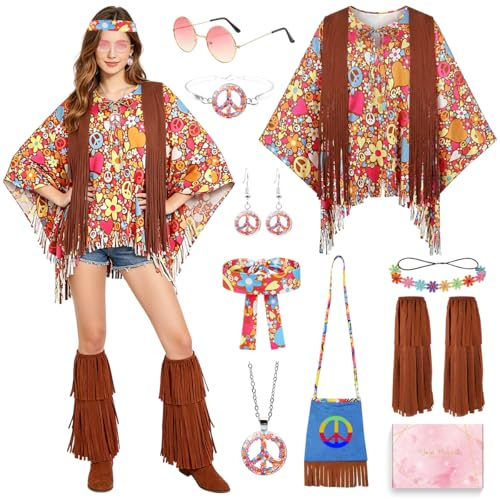 YYDSXK Hippie Kostüm Damen, 70 Jahre Outfit Damen und Hippies Accessoires, Beinstulpen, Sonnenbrillen, Hippie Poncho Damen, Cape im 70er Jahre für karneval, Halloween, 60er 70er Cosplay, Party