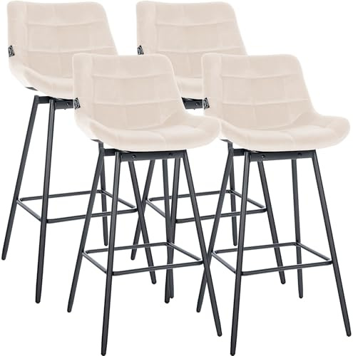 CLP Barhocker 4er Set mit Lehne Weston, Barstuhl drehbar 180° Schwenkfunktion, gepolsterter Sitz, stabiles Metallgestell, Farbe:Creme, Material:Samt