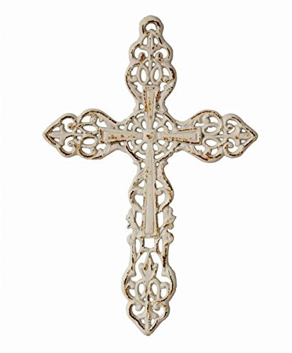 Stonebriar SB-5793A Dekoratives Wandkreuz aus Gusseisen mit Aufhängeschlaufe, 33 cm, abgenutztes Weiß