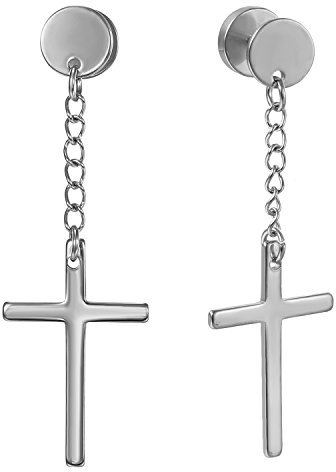 Flongo Herren Kreuz Ohrringe Edelstahl fake tunnel Stecker mit hängend Kreuz Kruzifix cross Baumeln Ohrschmuck land Kette Ohrhänger für Damen Männer piercing Anhänger silber