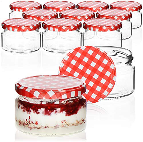 com-four® - Tarros para mermelada a cuadros (12 unidades, con tapón de rosca), color rojo y blanco 250 ml