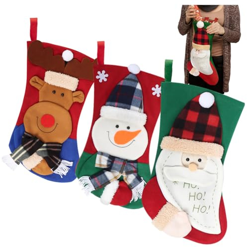 com-four® 3X Premium Weihnachtsstrumpf XL zum Befüllen, Nikolausstiefel | Weihnachtsdekoration in 3 süßen Designs - Nikolausstrumpf