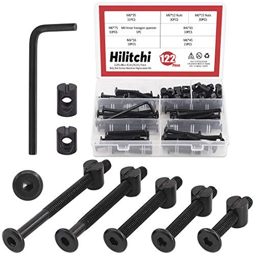 Hilitchi M6 - Juego de 120 tornillos de cabeza hexagonal de color negro, tuercas de barril para cuna, cama de bebé, muebles, cunas y sillas (35 mm, 45 mm, 55 mm, 65 mm, 75 mm)